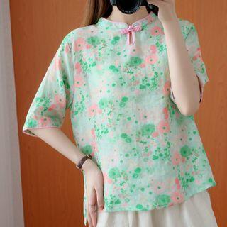 Short-sleeve Floral Print Cheongsam Top Green & Pink - One Size