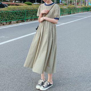 Short Sleeve Contrast Trim Pattern Midi A-line Dress