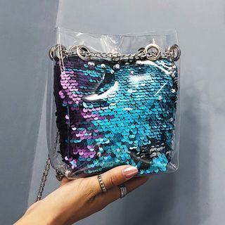 Transparent Chained Handbag With Sequined Pouch