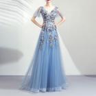 Short-sleeve Floral Embroidered Evening Gown