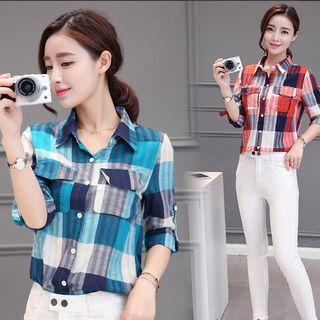 Tab-sleeve Plaid Blouse