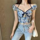 Short-sleeve Floral Print Slim-fit Cropped Blouse Blue - One Size