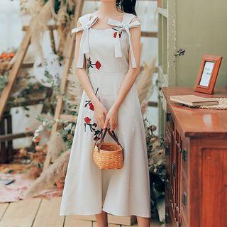 Sleeveless Rose Embroidered A-line Midi Dress