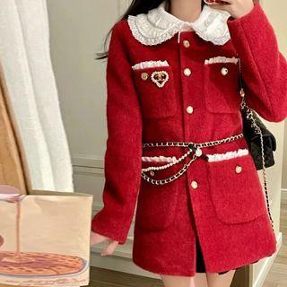 Lace Collar Button-up Coat Red - One Size