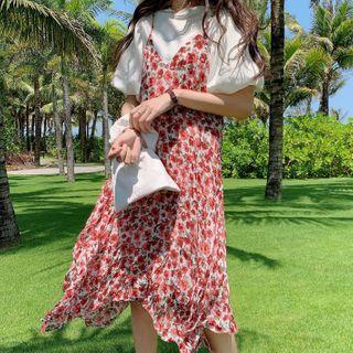 Short-sleeve Knit Top / Spaghetti Strap Floral Print Midi A-line Dress