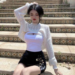 Cropped Pointelle Knit Top / Mini A-line Skirt / Strapless Top