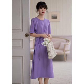 Short-sleeve Sashed Midi A-line T-shirt Dress