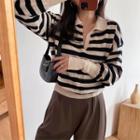 Collared Striped Knit Top Khaki - One Size
