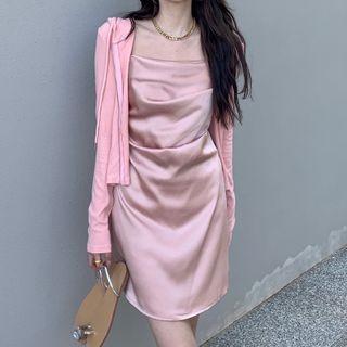 Spaghetti Strap Satin Mini A-line Dress / Hooded Jacket