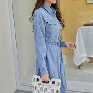 Tie-waist Flap Denim Long Shirtdress