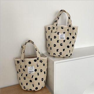 Lettering Canvas Tote Bag With Pin - Black Lettering - Beige - One Size