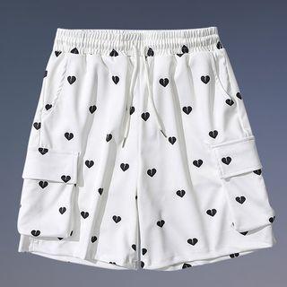 Heart Pattern Print Cargo Straight Cut Shorts
