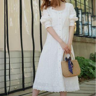 Set: Long-sleeve Perforated Midi A-line Dress + Spaghetti Strap Dress