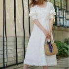 Set: Long-sleeve Perforated Midi A-line Dress + Spaghetti Strap Dress