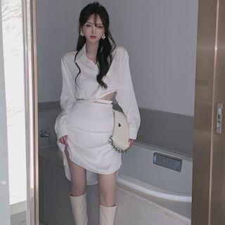 Crop Shirt / Irregular Ruched Mini Pencil Skirt