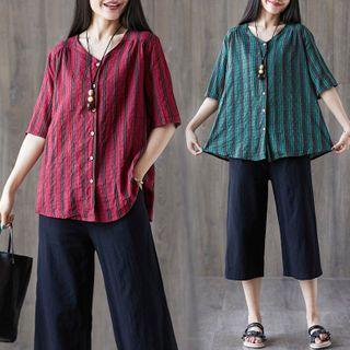 Set: Plaid Elbow-sleeve Shirt + Capri Wide Leg Pants