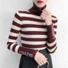 Plain / Striped Long-sleeve Lettering Turtleneck Knit Top