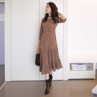 3/4-sleeve Pleated Floral Long Dress