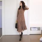 3/4-sleeve Pleated Floral Long Dress