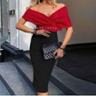 Off-shoulder V-neck Belt-accent Midi Bodycon Dress