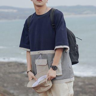 Color Block Pocket Detail Elbow-sleeve T-shirt