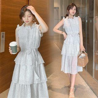 Sleeveless Dotted Layered Midi A-line Dress