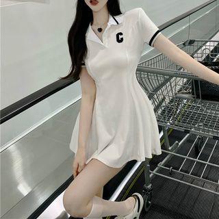 Short-sleeve Collar Lettering Mini A-line Dress White - One Size