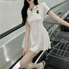 Short-sleeve Collar Lettering Mini A-line Dress White - One Size