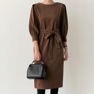 Puff-sleeve Slit-side Midi Dress With Sash