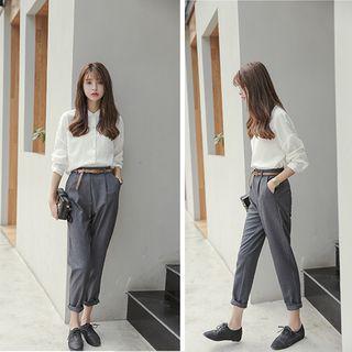 Set: Long-sleeve Shirt + Cropped Striped Harem Dress Pants