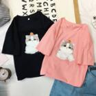 Elbow-sleeve Kitten Cartoon T-shirt