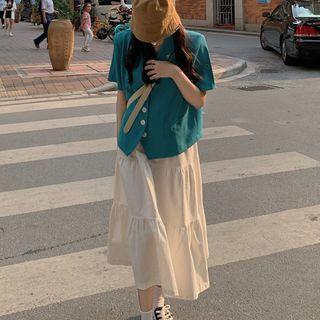 Elbow-sleeve Button-up Blazer / Midi Skirt