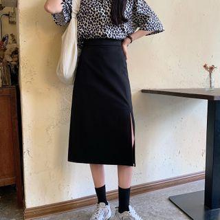 Leopard Short-sleeve Shirt / Midi A-line Skirt