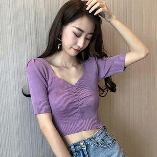 Short Sleeve Shirred Cropped Knit Top