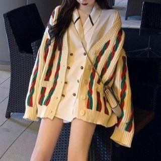 Long-sleeve Double-breasted Blouse / Striped V-neck Cardigan