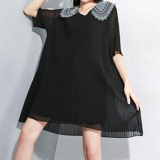 Embroidered Collar Elbow-sleeve Chiffon Dress Black - One Size