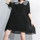Embroidered Collar Elbow-sleeve Chiffon Dress Black - One Size