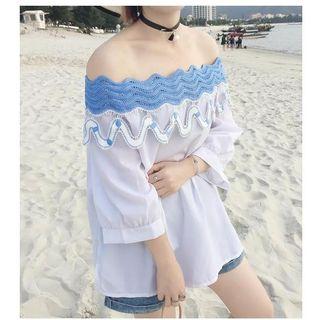 Applique 3/4 Sleeve Off-shoulder Top