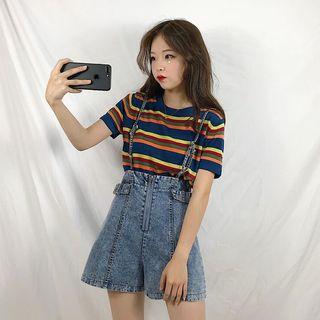 Set: Striped Knit Top + Denim Jumper Skirt