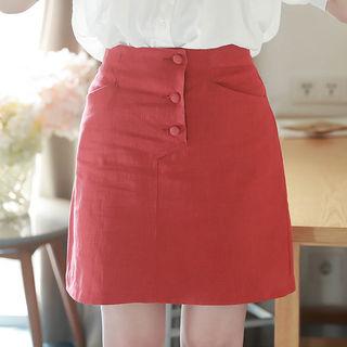 Buttoned Linen Blend Mini Skirt