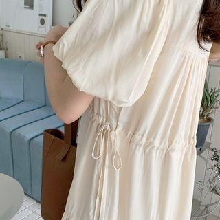 Balloon-sleeve Drawstring-waist Tiered Dress Nude - One Size