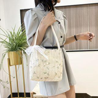 Floral Embroidered Woven Tote Bag