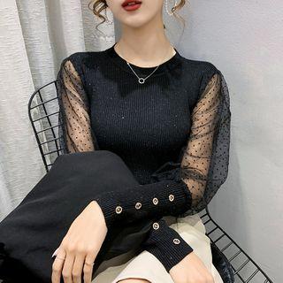 Long-sleeve Dotted Mesh Panel Knit Top
