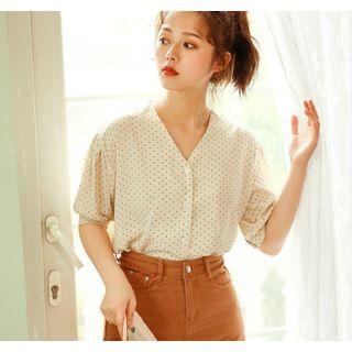 Dotted V-neck Short-sleeve Blouse