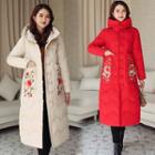 Embroidered Hooded Padded Long Coat