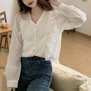 Plain Ruffled V-neck Blouse