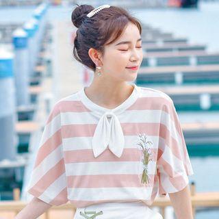 Striped Flower Embroidered Elbow-sleeve T-shirt