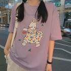 Elbow-sleeve Rabbit Print T-shirt Purple - One Size