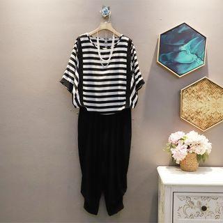 Short-sleeve Striped Panel Plain Jumper Pants Top - One Size