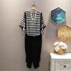 Short-sleeve Striped Panel Plain Jumper Pants Top - One Size